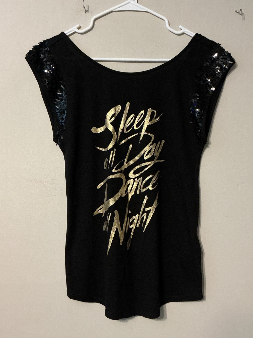 Guess Black Tee W/ Sequins and Gold Letters